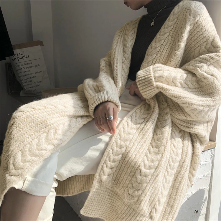 

Long Cardigans Women Korean Elegant Solid Apricot Sweater Coat Female Autumn Winter Knitwear Casual Cotton Oversized Sweater