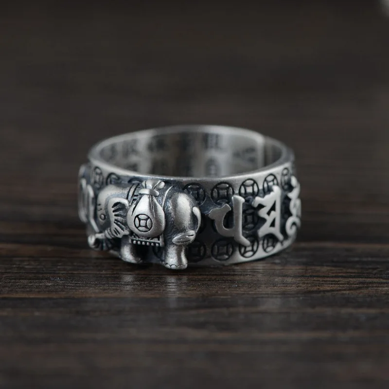 

100% 925 серебро Счастливый слон кольцо Тибетский ОМ МАНИ ПАДМЕ ХУМ кольцо из стерлингового серебра буддийские кольцо Ом чистого серебра тибетский кольцо с изменяемым размером