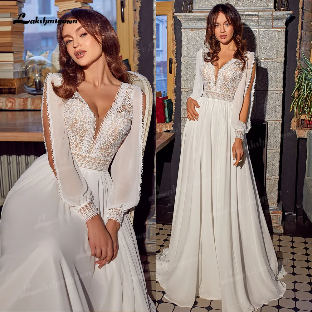 Simple Chiffon Boho Wedding Dresses with Split Puff Sleeves Beach Behemian Bridal Gowns V Neck vestido de fiesta de boda 2022
Simple Chiffon Boho Wedding Dresses with Split Puff Sleeves Beach Behemian Bridal Gowns V Neck vestido de fiesta de boda 2022