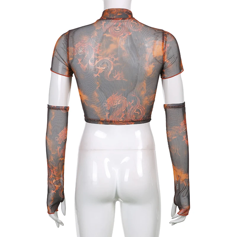 Sweetown See Through Sexy Mesh Tops With Arm Gloves Chinese Retro Style Dragon Graphic T Shirts Women Vintage Korean Cropped Tee 
Sweetown See Through Sexy Mesh Tops With Arm Gloves Chinese Retro Style Dragon Graphic T Shirts Women Vintage Korean Cropped Tee