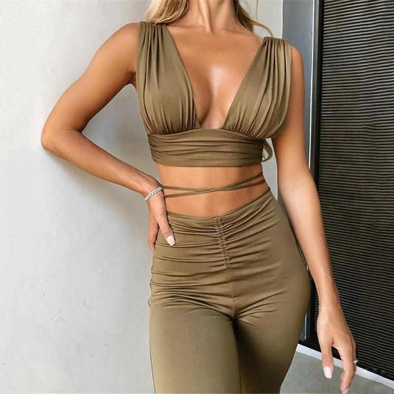 

Summer New Casual Suit Women's Sexy Lace-Up Chest-Wrapped Halter Top, High-Waisted Shorts, Long Tight-Fitting Hip