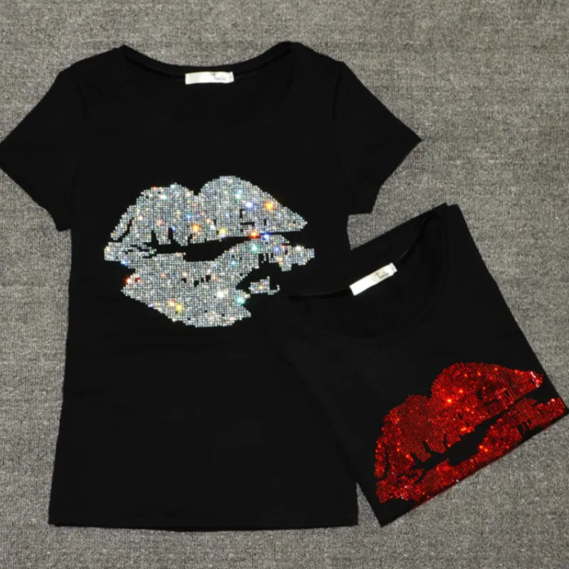 Summer women Sequins Lips tshirt Drilling O-neck short sleeve Basic Bottoming Shirts Beading sexy T-shirts 2018 Casual Tops XXXL
Summer women Sequins Lips tshirt Drilling O-neck short sleeve Basic Bottoming Shirts Beading sexy T-shirts 2018 Casual Tops XXXL