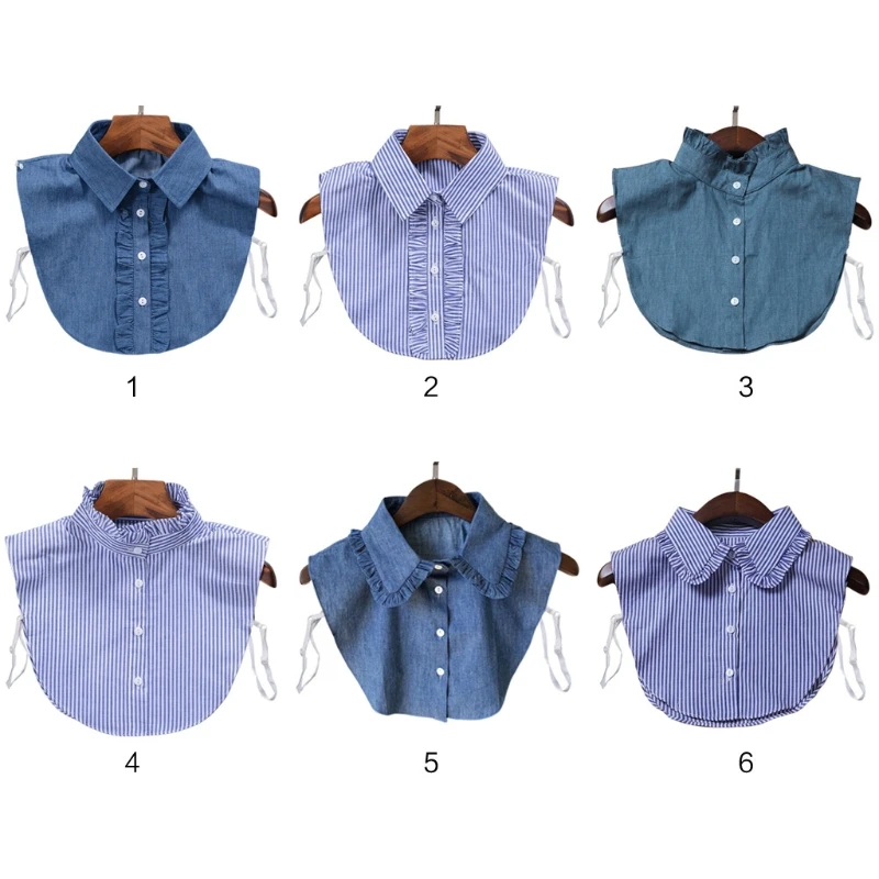 Minimalist Stripes Denim Women Detachable Lapel Fake Collar Cute Doll Ruffles Lace Splicing Button Down False Half Shirt Blouse
Minimalist Stripes Denim Women Detachable Lapel Fake Collar Cute Doll Ruffles Lace Splicing Button Down False Half Shirt Blouse