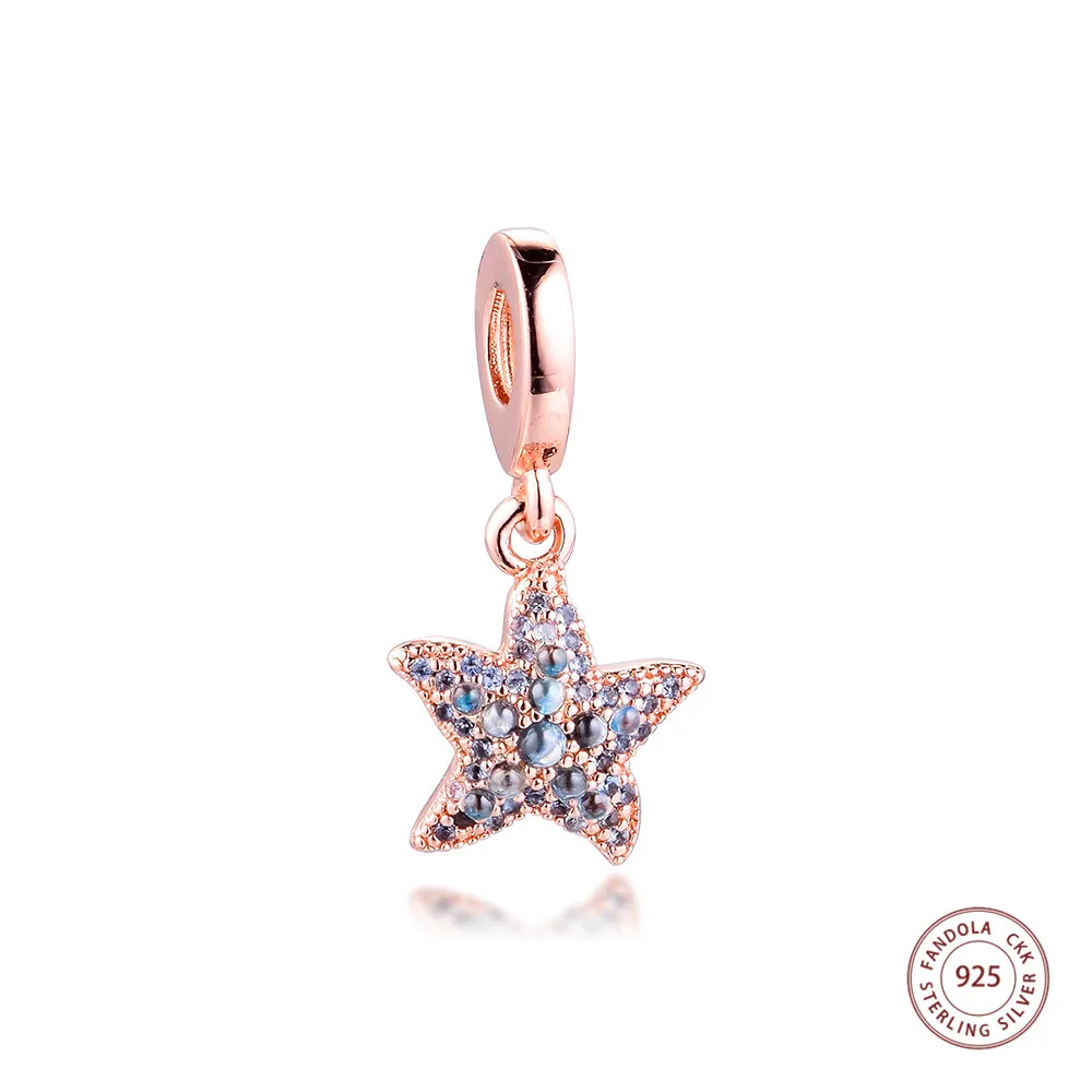 

CKK 925 Sterling Silver Rose Gold Sparkling Starfish Dangle Charms Beads for Jewelry Making Fits Europe Bracelet Bijoux