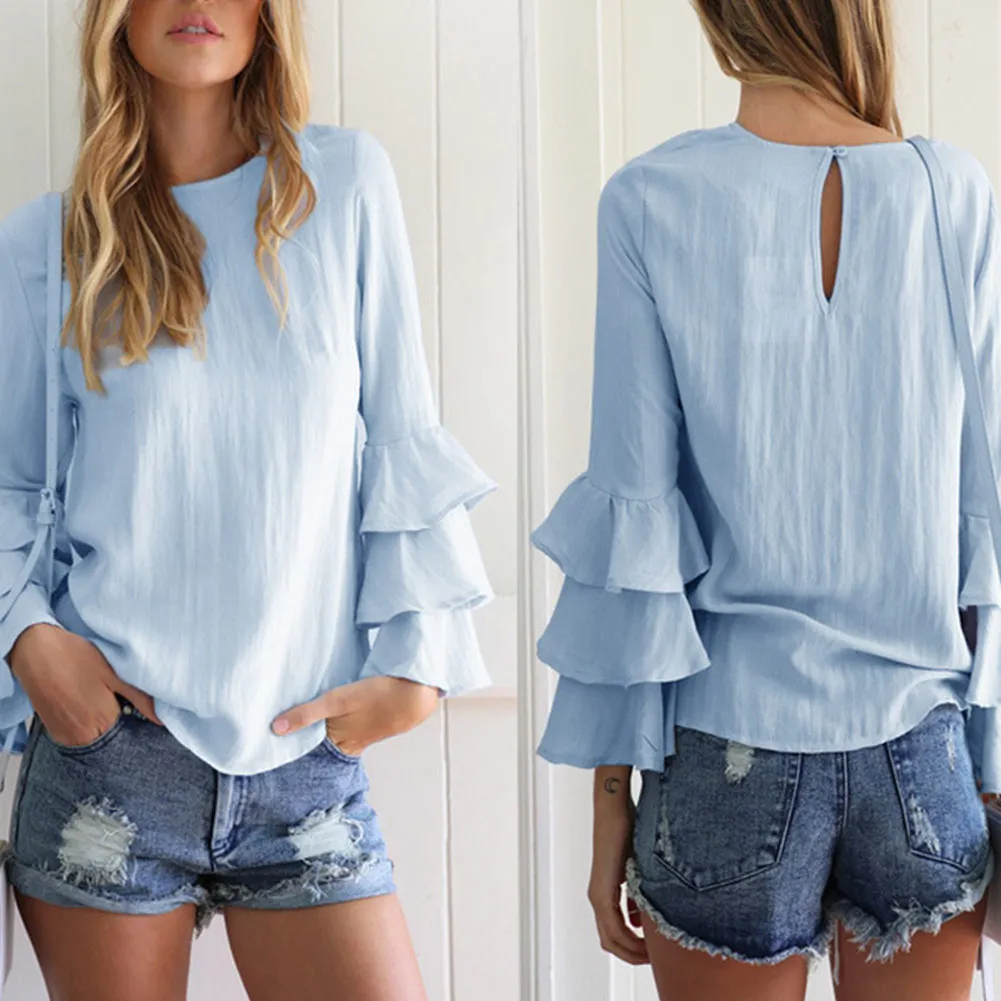 Pop Women Elegant Ruffle Long Sleeve O-Neck Blouse Casual Slim Fit Shirt Solid Tops Pop 88 
Pop Women Elegant Ruffle Long Sleeve O-Neck Blouse Casual Slim Fit Shirt Solid Tops Pop 88