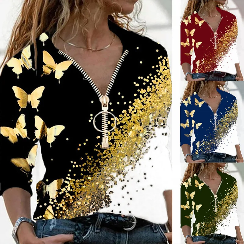 Autumn Butterfly Print Long-sleeved Top New Zipper V-neck T-shirt Fashion Loose Plus Size Ladies Slim Top
Autumn Butterfly Print Long-sleeved Top New Zipper V-neck T-shirt Fashion Loose Plus Size Ladies Slim Top