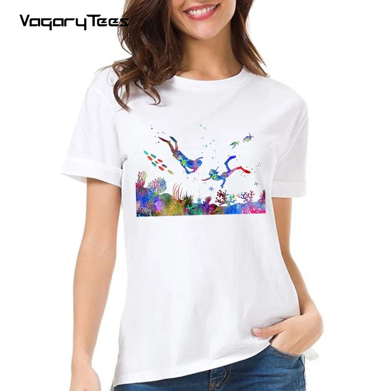 Summer Womens streetwear tshirt scuba divers couple print short sleeve cool Girl scuba diving T shirt casual o-neck tees shirt 
Summer Womens streetwear tshirt scuba divers couple print short sleeve cool Girl scuba diving T shirt casual o-neck tees shirt