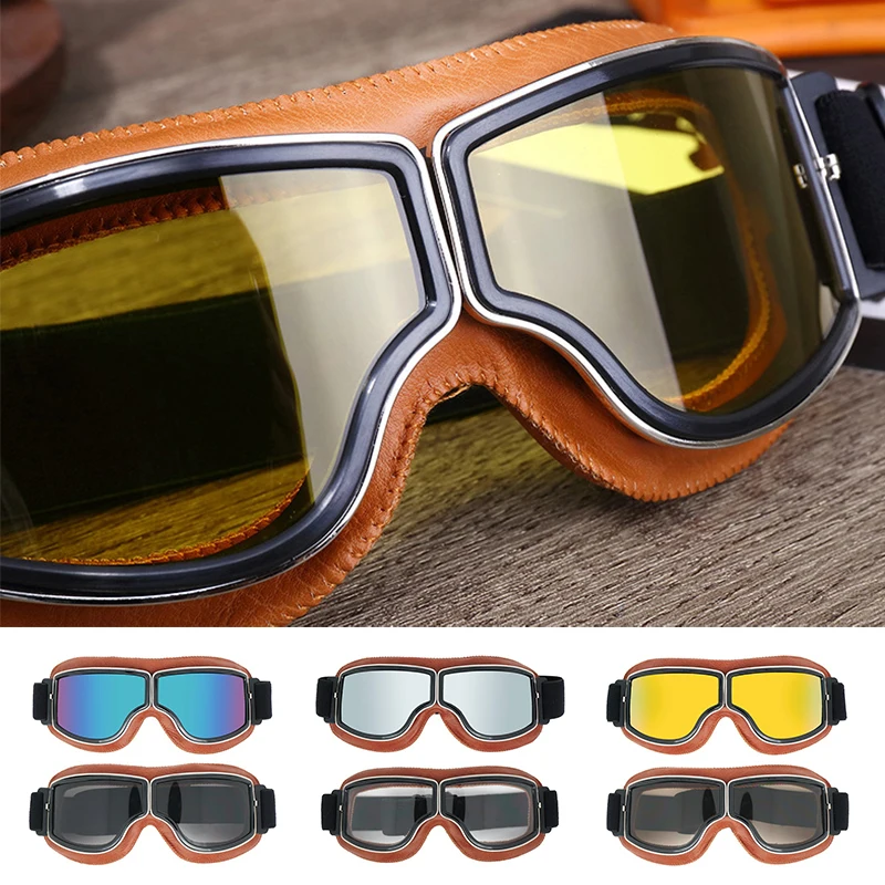 

Винтажные мотоциклетные очки, кожаные складные очки для Harley Retro Cruiser, с коричневыми и черными кожаными линзами, 7 цветов