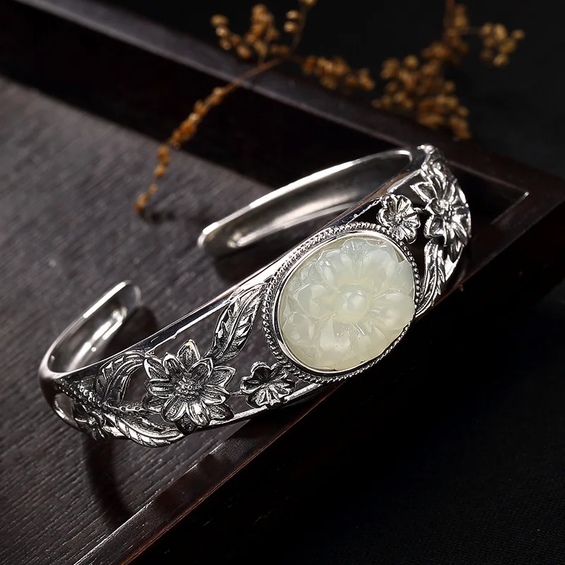 Natural open 925 sterling silver inlaid hetian white jade lotus retro temperament ladies jewelry bangles
Natural open 925 sterling silver inlaid hetian white jade lotus retro temperament ladies jewelry bangles