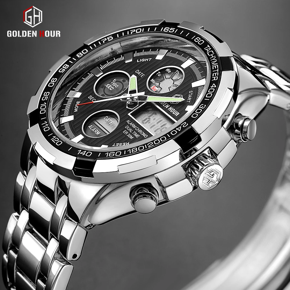 GOLDENHOUR Luxury Brand Водонепроницаемые военные спортивные часы Мужские цифровые