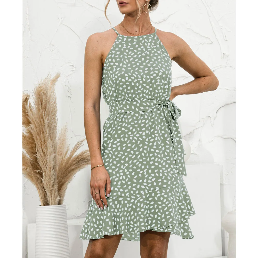 2021 Women Polka Dot Print Sexy Halter Mini Dress Boho Beach Ruffle Sleeveless Summer Casual Sashes Short Dresses Black Sweet
2021 Women Polka Dot Print Sexy Halter Mini Dress Boho Beach Ruffle Sleeveless Summer Casual Sashes Short Dresses Black Sweet
