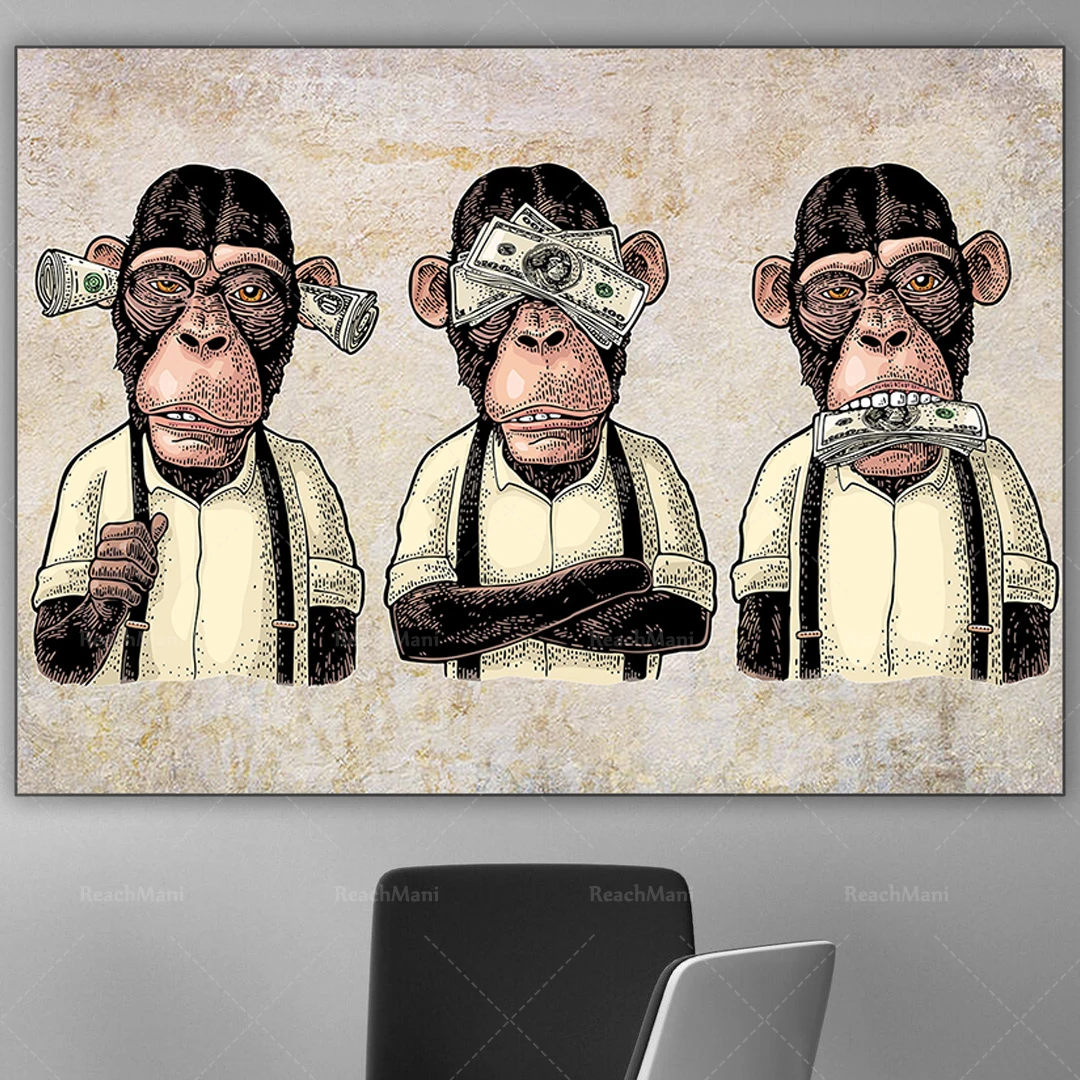 Three wise monkey wall art can't hear or talk about evil canvas 3 panel funny street graffiti poster |