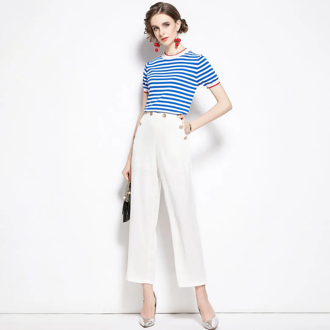 Suit Female Summer Ice Blue and White Striped Silk Knit White Nine Minutes of Pants Wide-legged Pants Two-piece Outfit
Suit Female Summer Ice Blue and White Striped Silk Knit White Nine Minutes of Pants Wide-legged Pants Two-piece Outfit