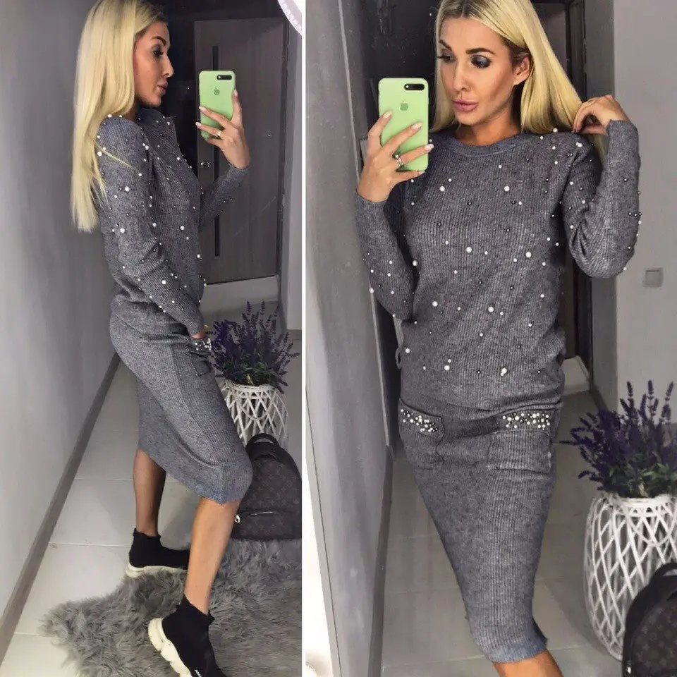Sweater Set for Women New Winter Autumn O Neck 2 Piece Sets Office Lady Knit Pullover Beading Elastic Waist Skirt Outfits Spring
Sweater Set for Women New Winter Autumn O Neck 2 Piece Sets Office Lady Knit Pullover Beading Elastic Waist Skirt Outfits Spring