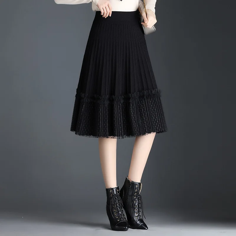 Women Fashion Dot Mesh Splice Knitted Black Pleated Skirt Autumn Winter Female Elegant High Waist Loose Knee-length Skirts 1018
Women Fashion Dot Mesh Splice Knitted Black Pleated Skirt Autumn Winter Female Elegant High Waist Loose Knee-length Skirts 1018