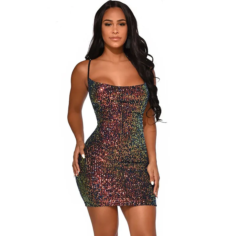 Colorful Sequined Backless Party Dresses Women Spaghetti Strap Sleeveless Club Wear Luxury Christmas Bodycon Mini Dress Vestido 
Colorful Sequined Backless Party Dresses Women Spaghetti Strap Sleeveless Club Wear Luxury Christmas Bodycon Mini Dress Vestido