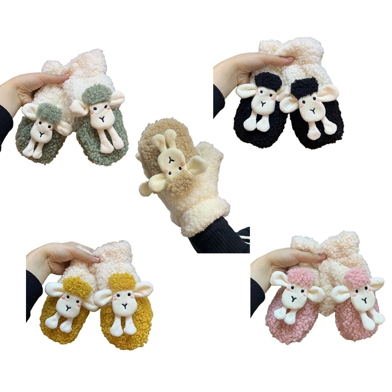 

Female Girls Winter Faux Fleece Gloves 3D Cartoon Sheep Animal Furry Plush Lining Thermal Windproof Mittens with String