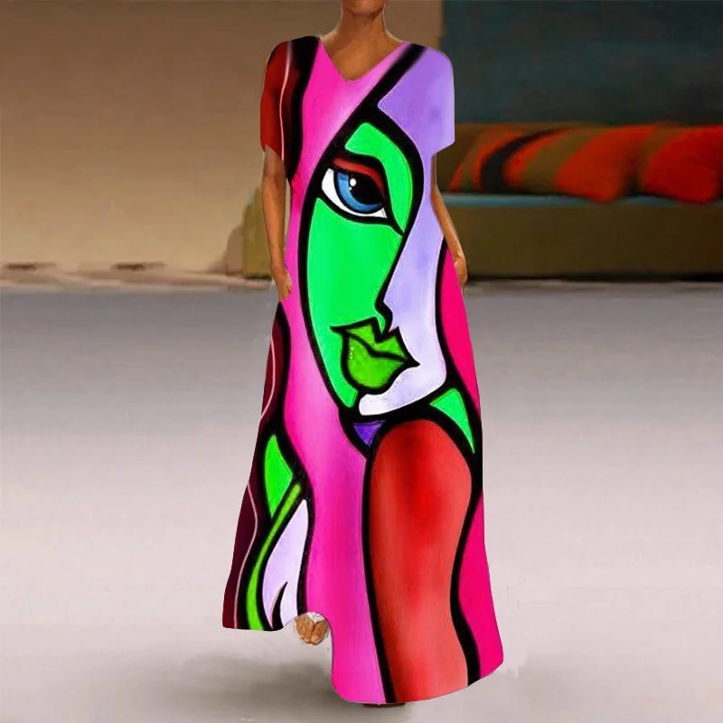 Women Summer V-neck Abstract Printed Short Sleeve Retro Long Dress Ladies Loose Casual Maxi Dresses Plus Size
Women Summer V-neck Abstract Printed Short Sleeve Retro Long Dress Ladies Loose Casual Maxi Dresses Plus Size