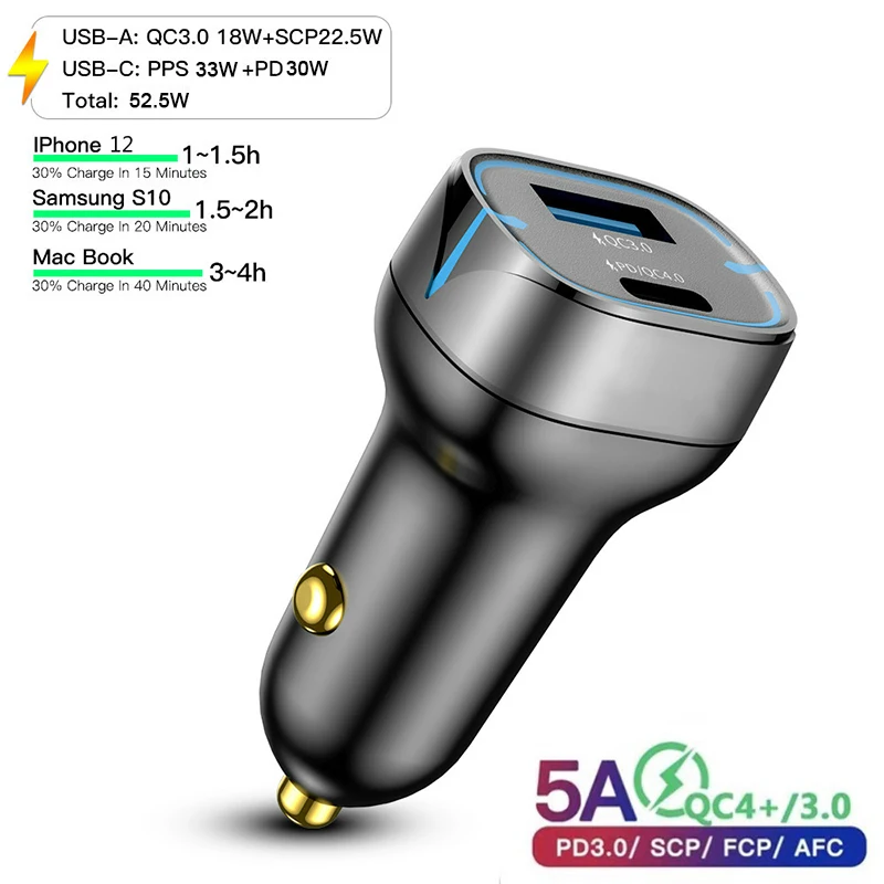 

Cargador de coche USB tipo C 4.5A, con pantalla LED, 52,5 W, Teléfono Universal, QC 3,0, QC4.0, tipo C, carga rápida para iPhone