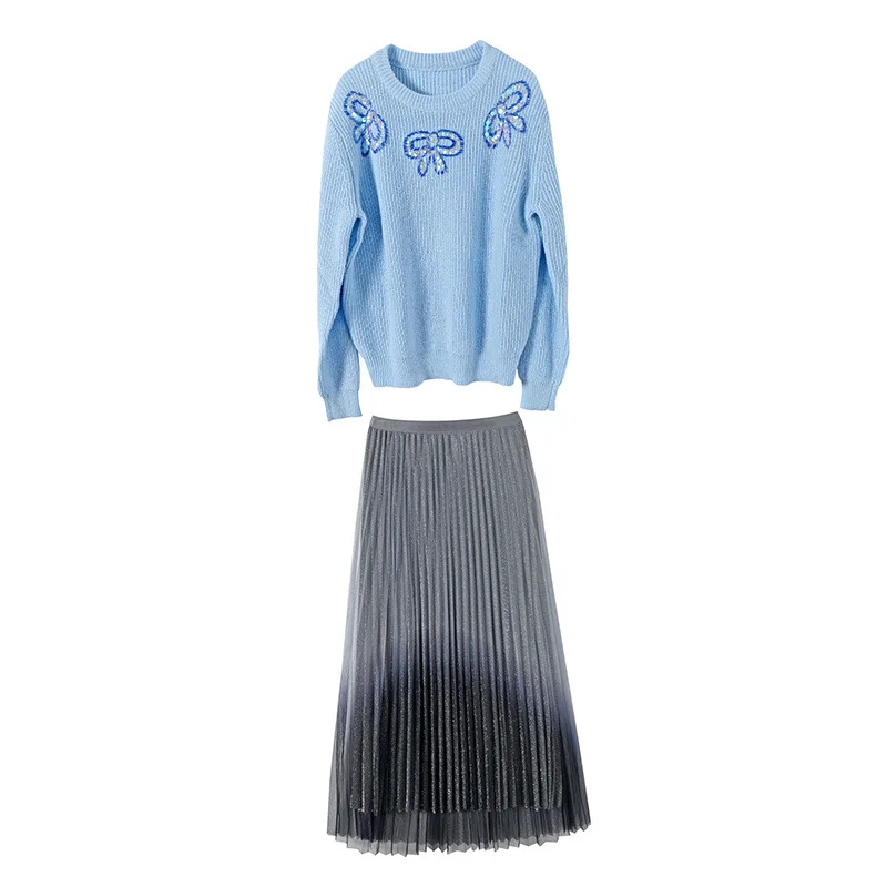 2020 New Autumn Winter Two Piece Outfits Women Elegant Long Sleeve Pullover Bead Loose Sweater and Skirt Suit Matching Sets 
2020 New Autumn Winter Two Piece Outfits Women Elegant Long Sleeve Pullover Bead Loose Sweater and Skirt Suit Matching Sets