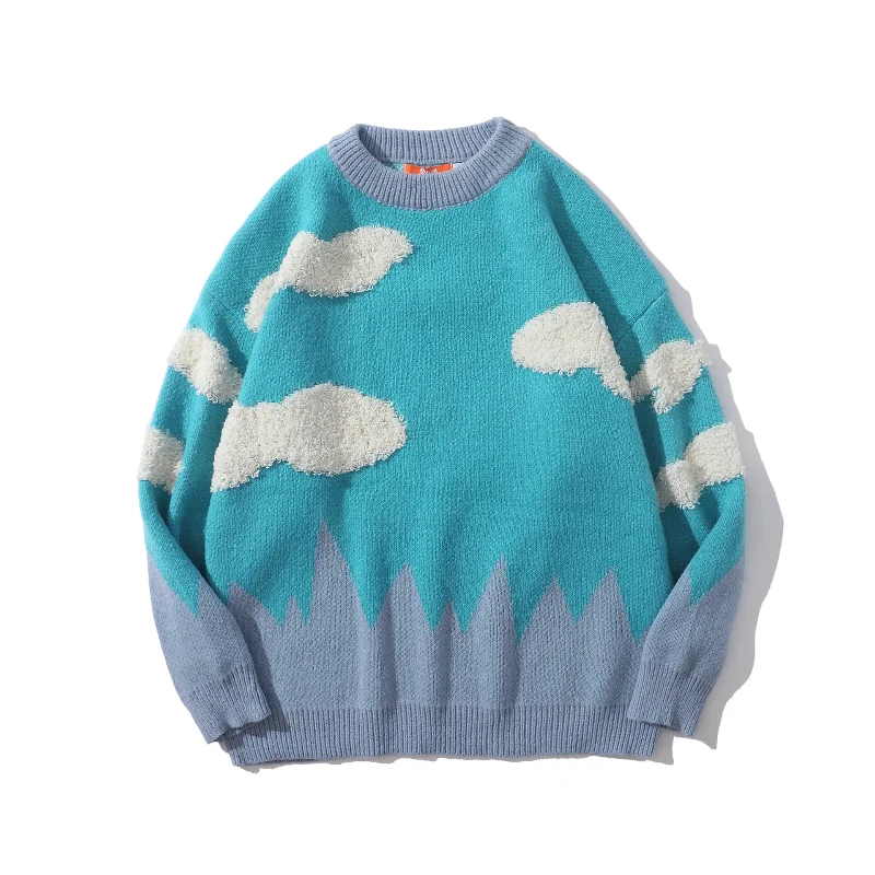 2021 Korean Fashion Cloud Print Kpop Blue Knitted Sweater Men Harajuku Hip Hop Women Pullovers Casual Knitwear Sueter Masculino
2021 Korean Fashion Cloud Print Kpop Blue Knitted Sweater Men Harajuku Hip Hop Women Pullovers Casual Knitwear Sueter Masculino