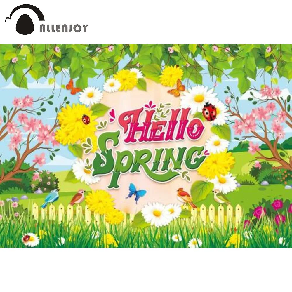 

Allenjoy Hello Spring Backdrop Cartoon Garden Scenery Grassland Baby Shower Birthday Party Supplies Custom Decor Banner Poster