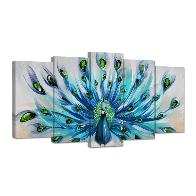 

5 Pieces Wall Art Canvas Painting The Peacock Shows Its Tail Print Room Decor Poster Modern Living Room Decoration Pictures