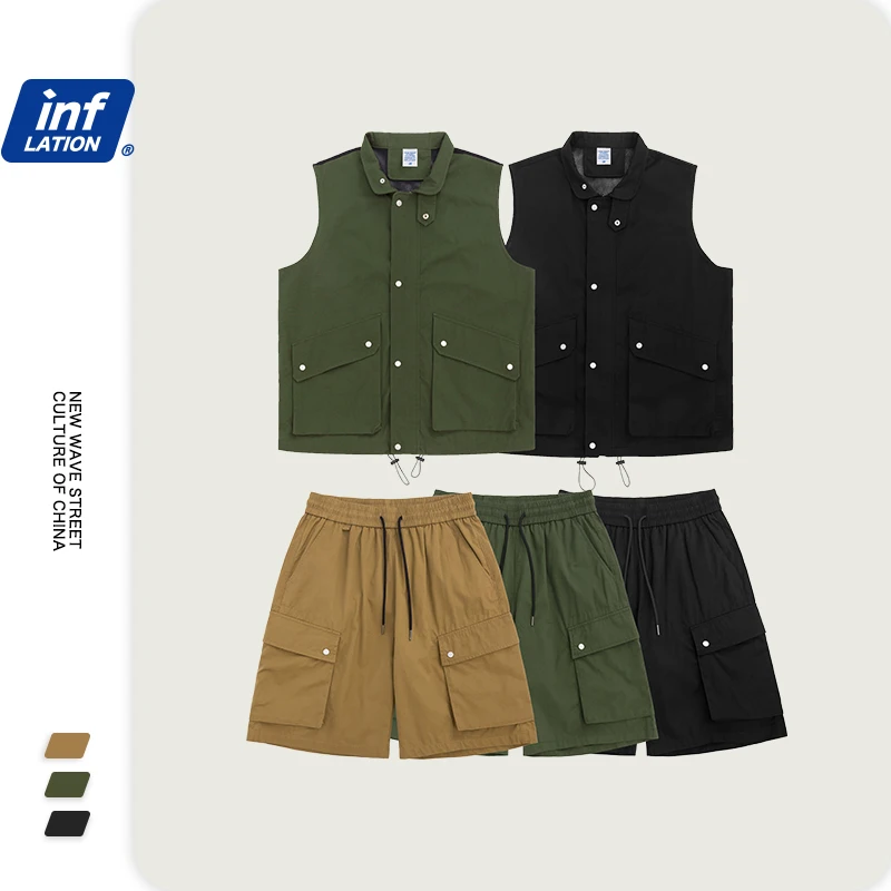 INFLATION Men Streetwear Tracksuit Utility Gilet With Pocket In Black Green Color Compression Shorts Elastic Waist Men Shorts 
INFLATION Men Streetwear Tracksuit Utility Gilet With Pocket In Black Green Color Compression Shorts Elastic Waist Men Shorts