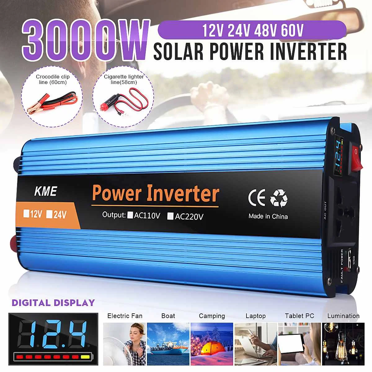 Solar Power Inverter 12/24V 220V 3000W Peak Car Inverter Voltage Convertor Transformer Inversor Modified Sine Wave+LCD Display
Solar Power Inverter 12/24V 220V 3000W Peak Car Inverter Voltage Convertor Transformer Inversor Modified Sine Wave+LCD Display