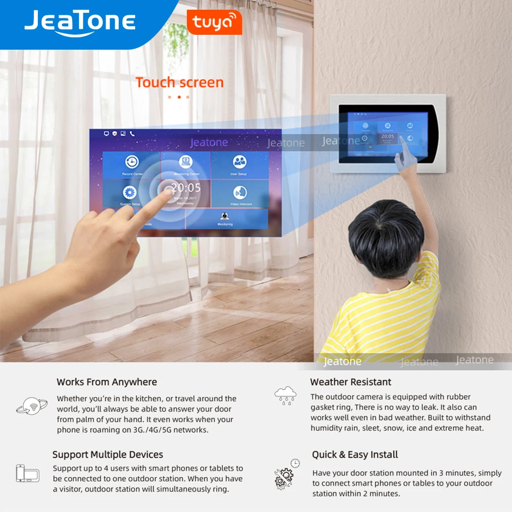 Jeatone 7 ''сенсорный экран WiFi IP видео телефон двери для 4 квартиры с 8 зонами