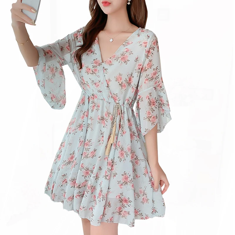 New Summer Chiffon Dress Women V-Neck Floral Print Short Dresses Female Elegant Ruffle Sleeeve New Drawstring Ladies Dress Mujer
New Summer Chiffon Dress Women V-Neck Floral Print Short Dresses Female Elegant Ruffle Sleeeve New Drawstring Ladies Dress Mujer