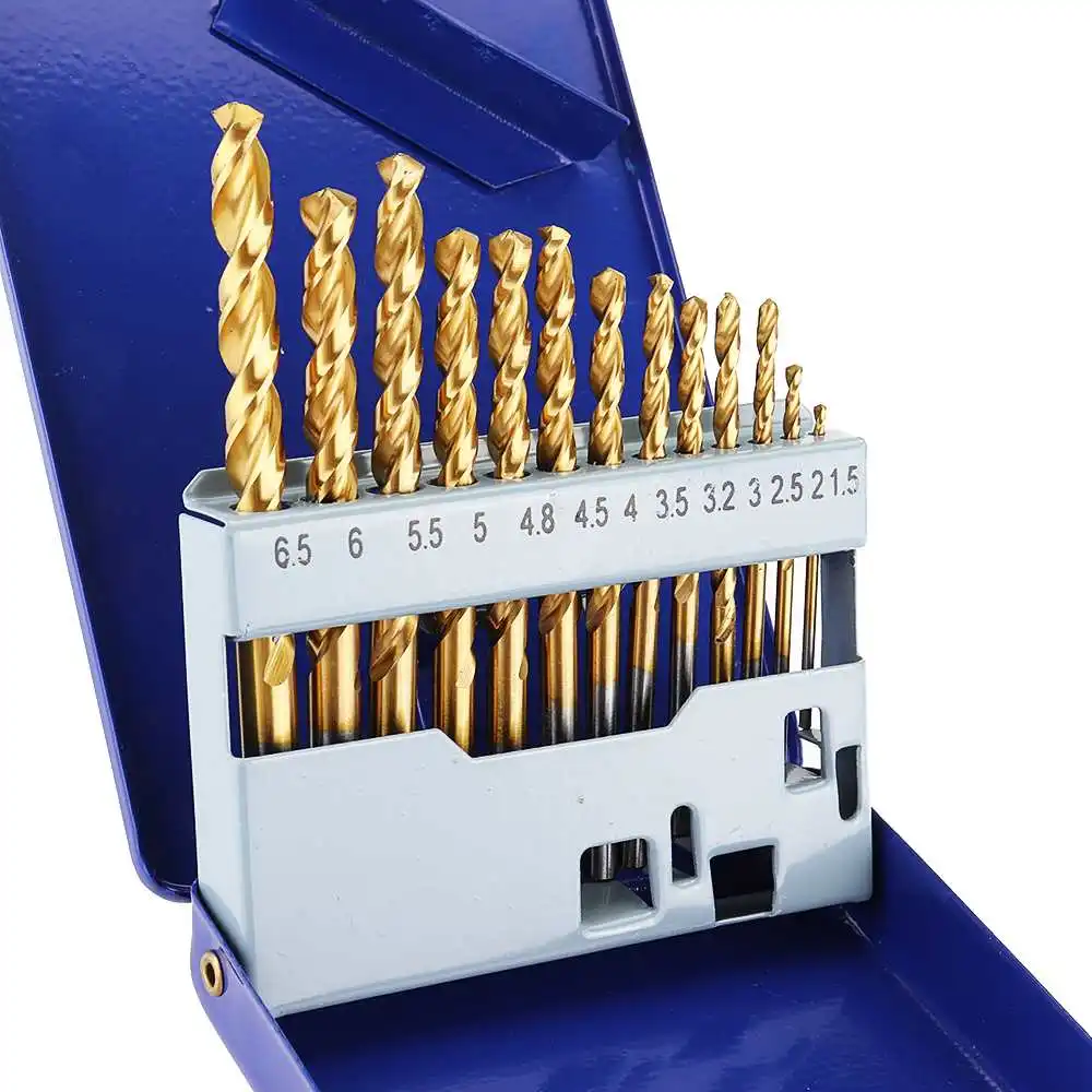 13Pcs Titanium Coated M42 Twist Drill Bit 8% High Cobalt HSS Drill Bit Set Industrial Grade 1.5-6.5mm for Metal Wood Drill Bits
13Pcs Titanium Coated M42 Twist Drill Bit 8% High Cobalt HSS Drill Bit Set Industrial Grade 1.5-6.5mm for Metal Wood Drill Bits
