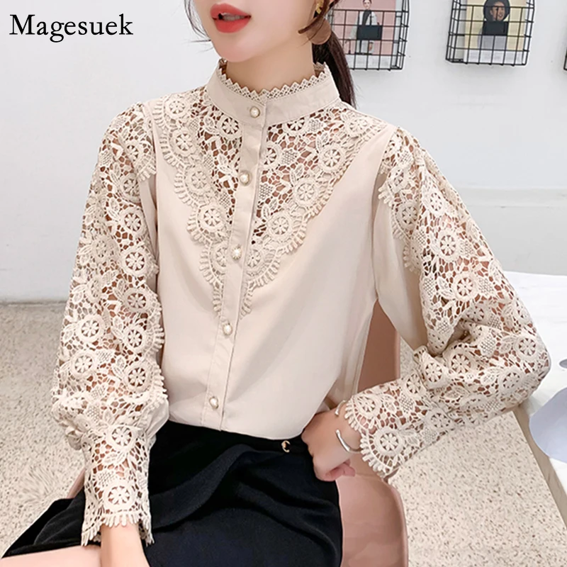 Spring New Crochet Hollow Lace Shirt Women Stand Collar Button Lace Patchwork Shirt Fashion Lantern Sleeve Blouse Blusas 13324
Spring New Crochet Hollow Lace Shirt Women Stand Collar Button Lace Patchwork Shirt Fashion Lantern Sleeve Blouse Blusas 13324