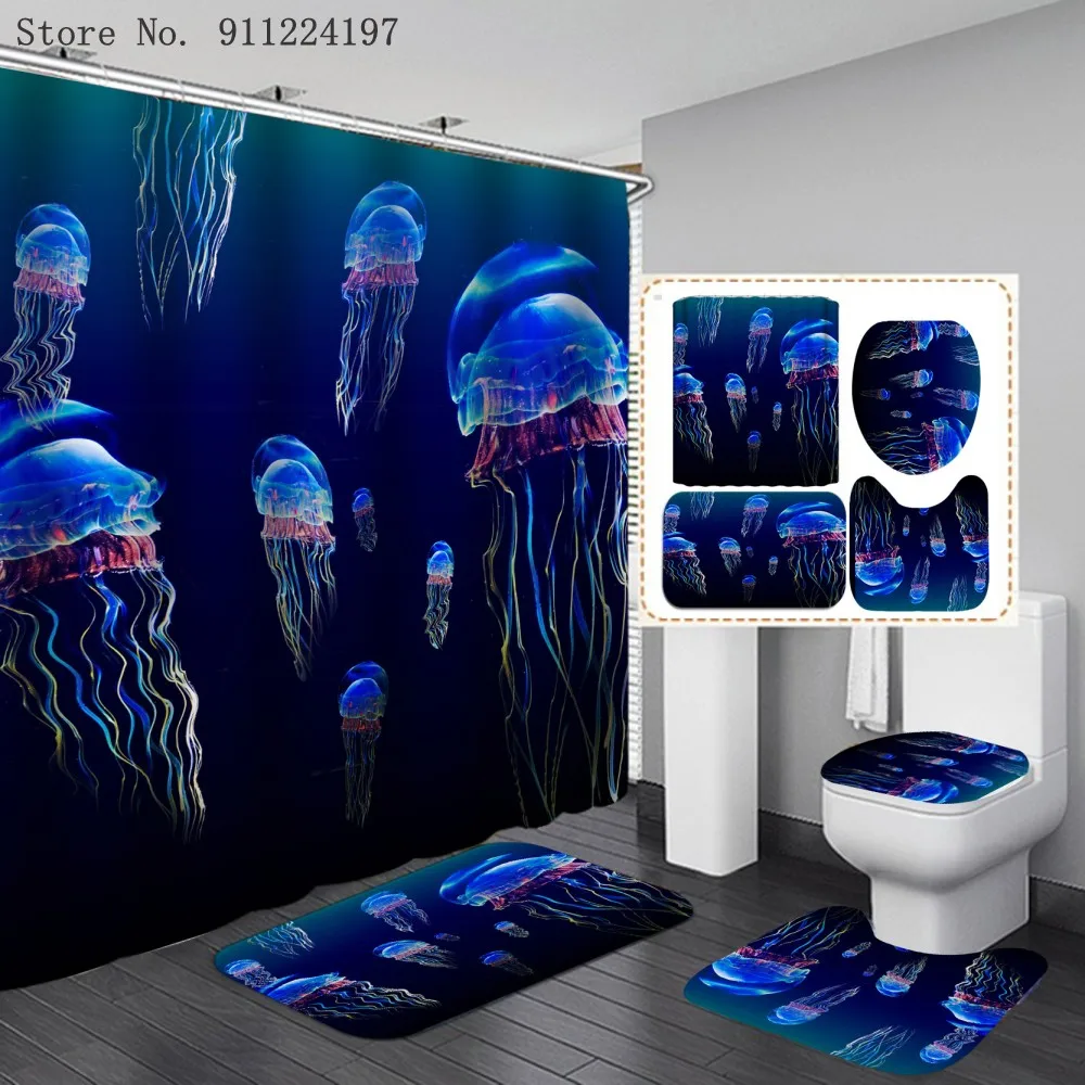 3D Blue Jellyfish Seahorse Dolphin Waterproof Shower Curtain Set With 12 Hooks Marine Life Bathroom Carpet Toilet Cover Bath Mat
3D Blue Jellyfish Seahorse Dolphin Waterproof Shower Curtain Set With 12 Hooks Marine Life Bathroom Carpet Toilet Cover Bath Mat