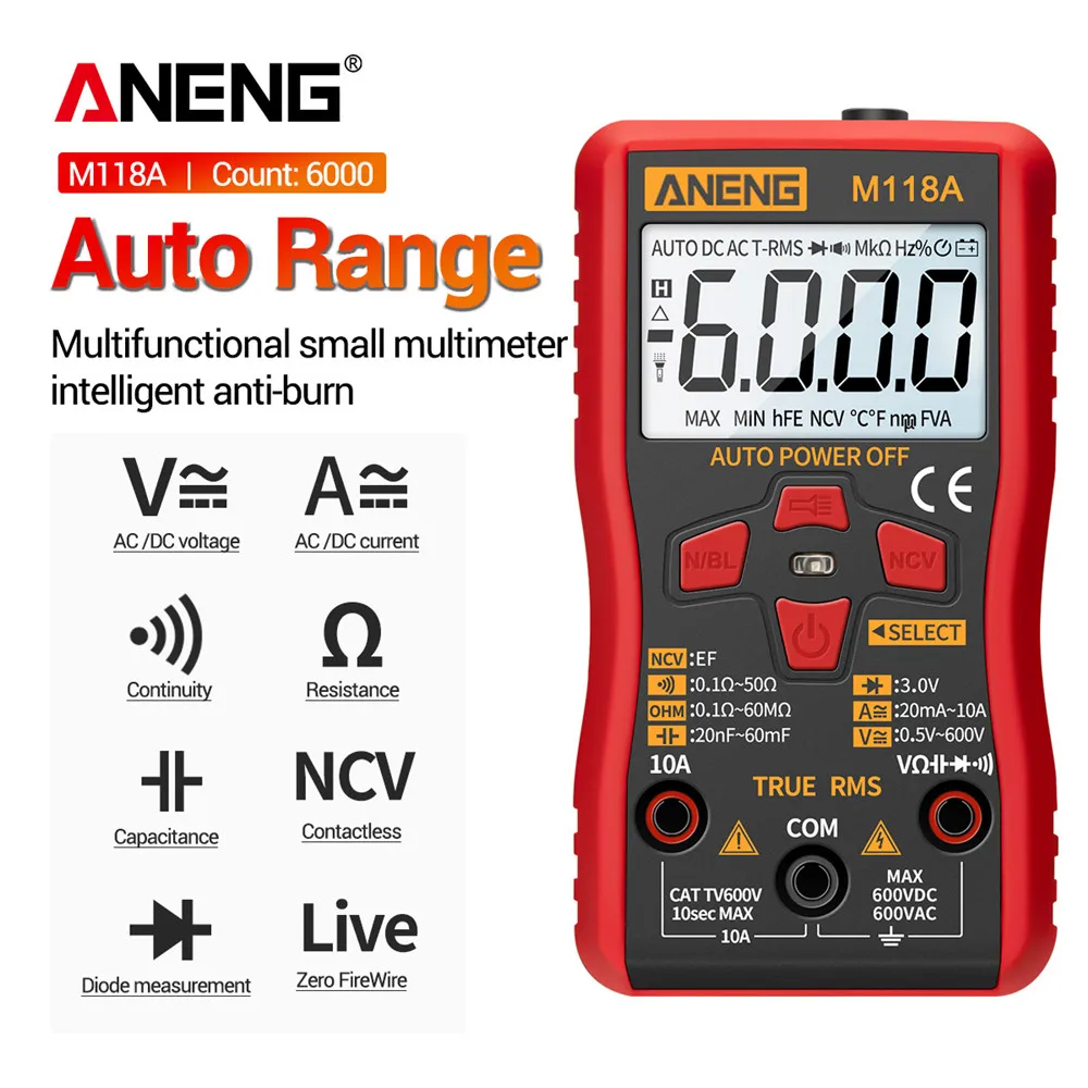 ANENG Digital Multimeter Smart Tester Auto Mmultimetro True Rms Tranistor Meter With NCV Data Hold 6000counts Flashlight M118A
ANENG Digital Multimeter Smart Tester Auto Mmultimetro True Rms Tranistor Meter With NCV Data Hold 6000counts Flashlight M118A