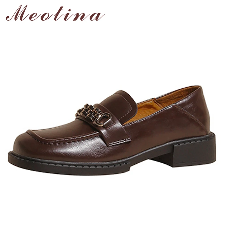 

Meotina Women Loafers Shoes Genuine Leather Block Heels Pumps Chain Square Toe Med Heel Ladies Footwear 2022 Spring Autumn Brown