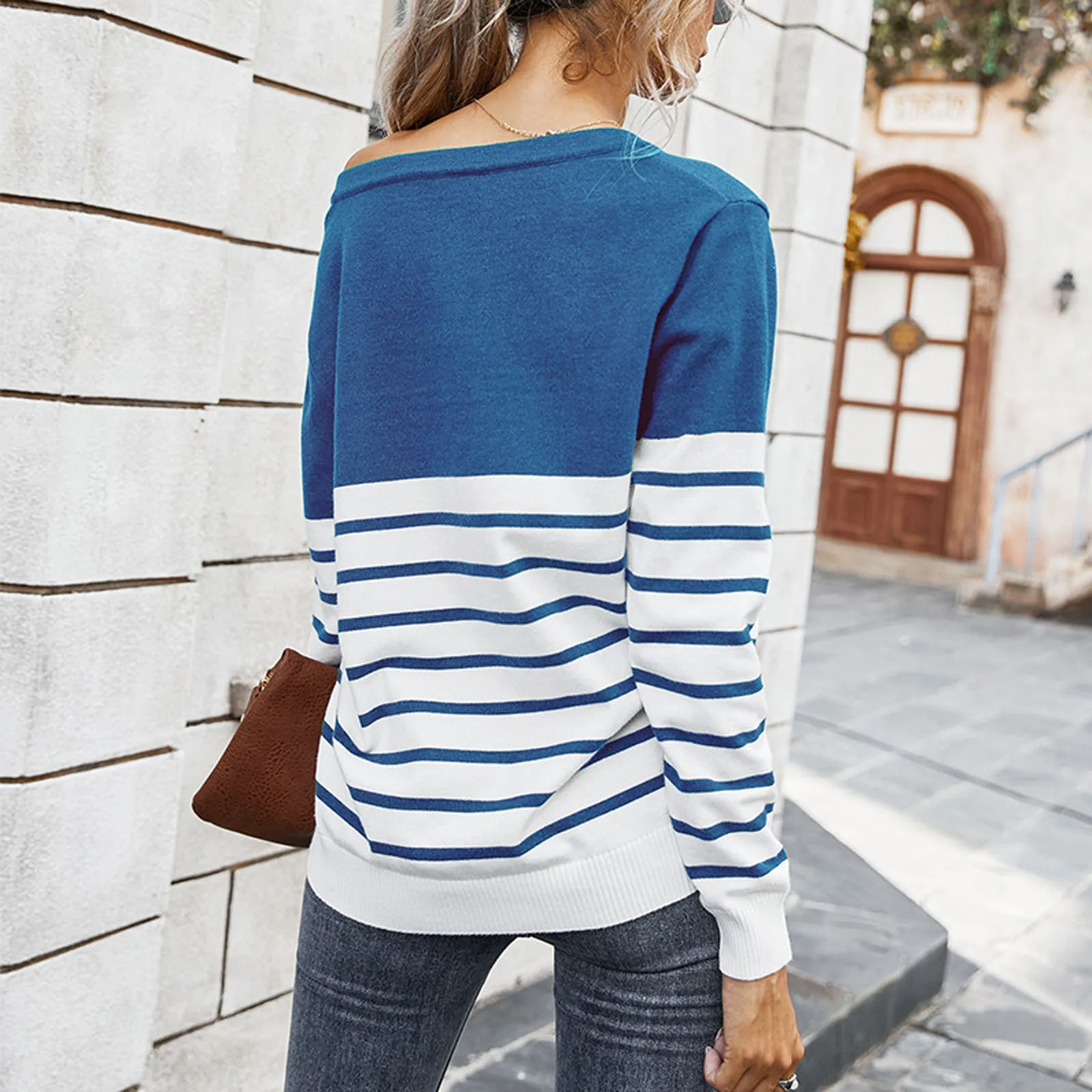 Women’s Sweater Casual Streetwear Long Sleeve Stripe Print Color Block Loose Pullover Tops Knitted Jumper jersey mujer | Женская