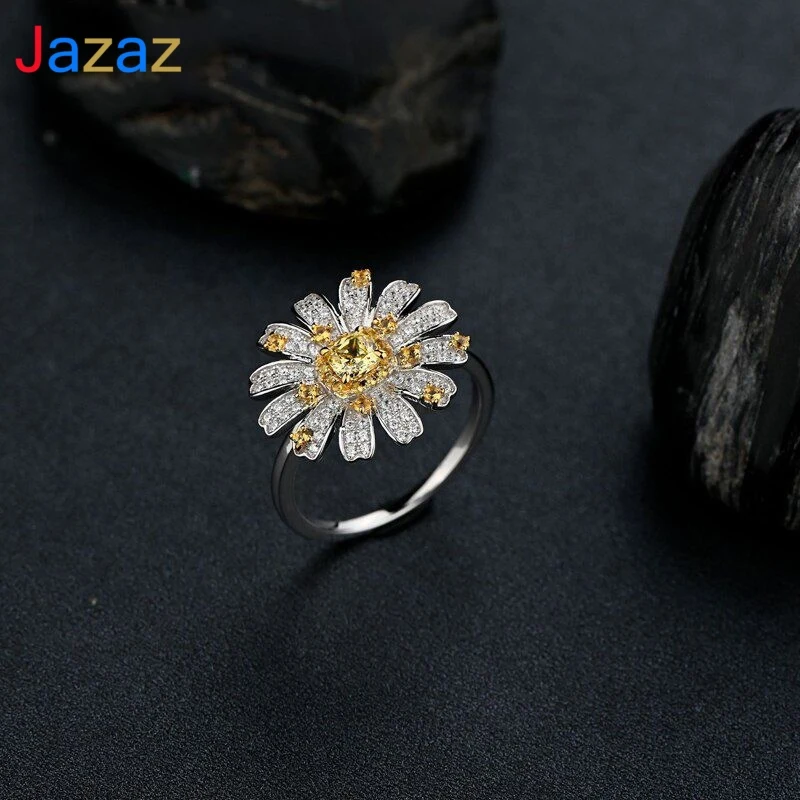 

Jazaz 100% 925 Sterling Silver Sparkling Yellow Daisy 5A Zircon Wedding Ring Women Lady Party Fine Jewely Anniversary Gift B0340