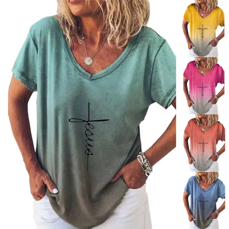 Gradient t Shirt Women Tops V-Neck Basic Tunic t Shirts Summer Tops Casual Spring Pullover Tops Tees Women Clothing