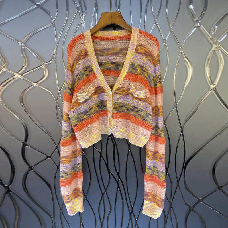 2021 spring summer women sweet striped v-neck loose short sweaters long sleeve single breasted thin knit cardigan jumper Y480
2021 spring summer women sweet striped v-neck loose short sweaters long sleeve single breasted thin knit cardigan jumper Y480