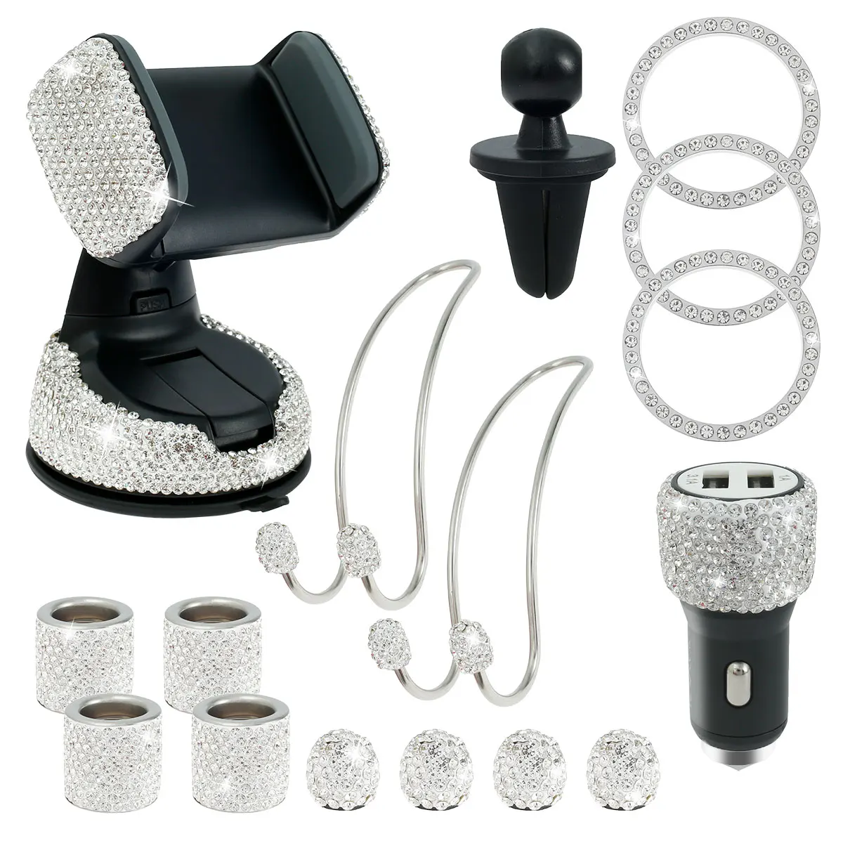 15 Pcs Car Bling Accessories Set for Women Car Ignition Ring Head Rest Bling Rings Bling Tire Valve Covers Dual USB Car Charger
15 Pcs Car Bling Accessories Set for Women Car Ignition Ring Head Rest Bling Rings Bling Tire Valve Covers Dual USB Car Charger