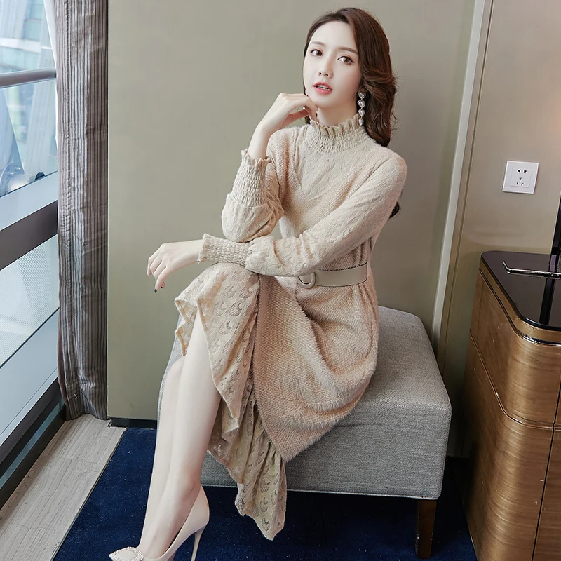 2020 New Autumn Winter Women Dress High Quality Lace Patchwork Thicken Sweater Dress Elegant Slim Base Dress Send The Belt
2020 New Autumn Winter Women Dress High Quality Lace Patchwork Thicken Sweater Dress Elegant Slim Base Dress Send The Belt