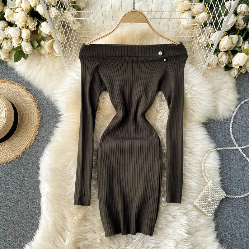 Women Chic Slash Neck Long Sleeve Good Stretch Knitted Dress Short Sexy Off-the-shoulder Sweater Dress 
Women Chic Slash Neck Long Sleeve Good Stretch Knitted Dress Short Sexy Off-the-shoulder Sweater Dress