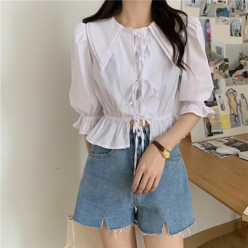 Hzirip Vintage Gentle Peter Pan Collar Tie Ladies Casual Shirt 2021 Summer Solid Color Korean Five-Point Puff Sleeve Short Top
Hzirip Vintage Gentle Peter Pan Collar Tie Ladies Casual Shirt 2021 Summer Solid Color Korean Five-Point Puff Sleeve Short Top