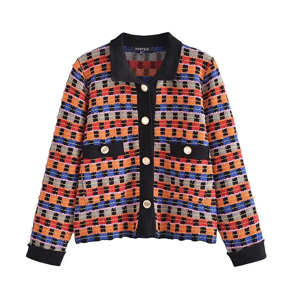 JUNWU Autumn Women's Color Plaid Knit Lapel Single-breasted Pocket Long Sleeve Short Knit Jacket Retro Ethnic Style
JUNWU Autumn Women's Color Plaid Knit Lapel Single-breasted Pocket Long Sleeve Short Knit Jacket Retro Ethnic Style