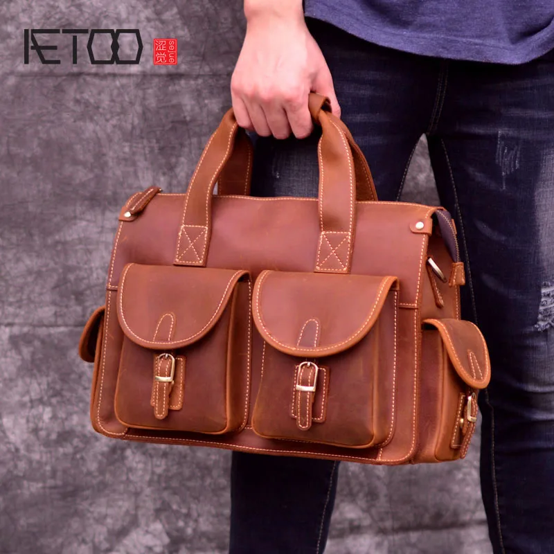 

AETOO Handmade mad horse leather men's bag, leather briefcase, vintage laptop bag, British wind one-shoulder parcel