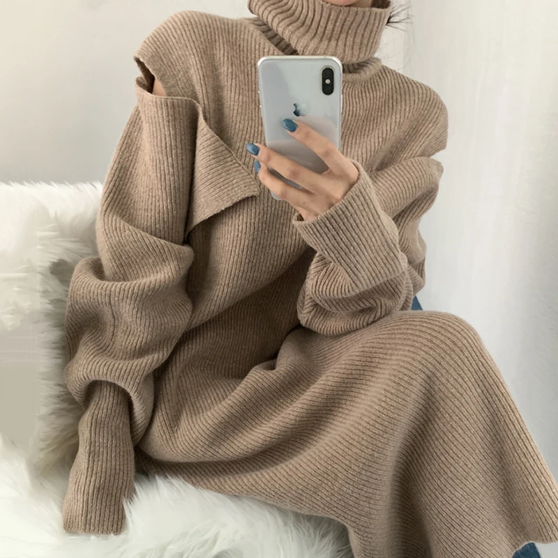 Chic Women Turtleneck Loose Sweaters Dress Female 2021 Autumn Winter Removable Full Sleeve Casual Knitted Mid Dresses DS381
Chic Women Turtleneck Loose Sweaters Dress Female 2021 Autumn Winter Removable Full Sleeve Casual Knitted Mid Dresses DS381