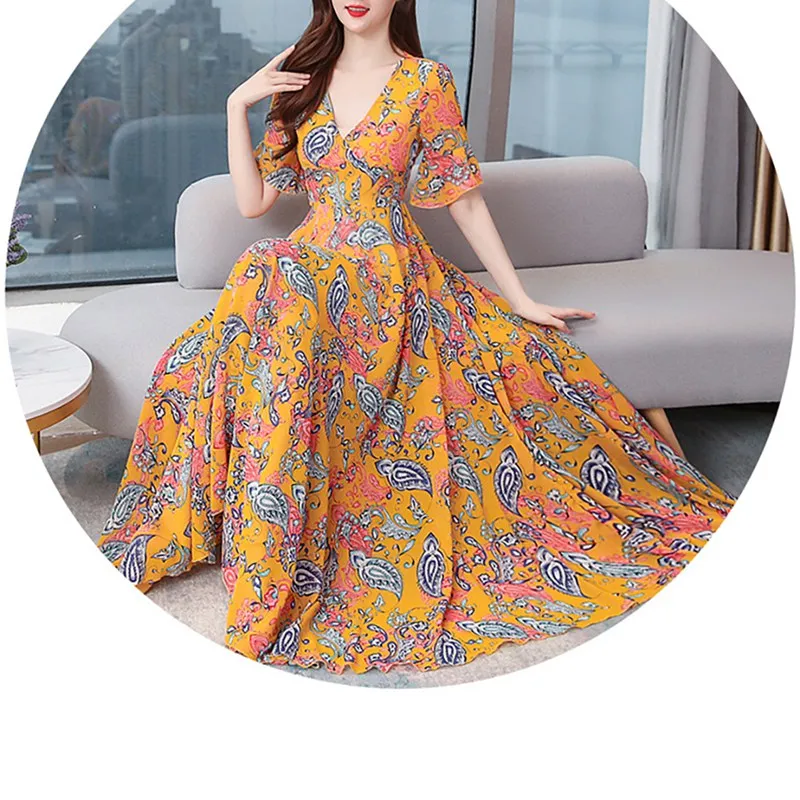 Summer Bohemian Floral Print Long Dresses Women V-neck Drawstring Short Sleeve Ruffled Party Dress Vestidos 2020
Summer Bohemian Floral Print Long Dresses Women V-neck Drawstring Short Sleeve Ruffled Party Dress Vestidos 2020