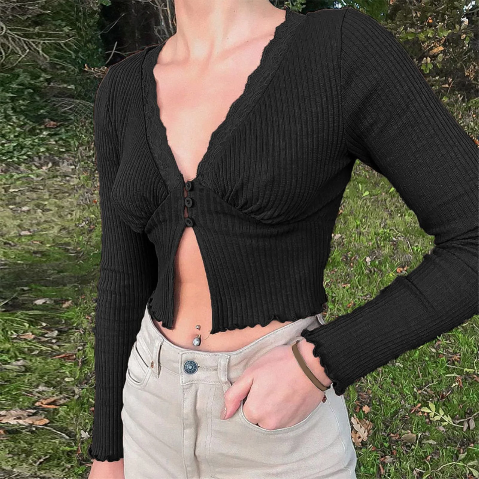 Women Sexy Long Sleeve Deep V Neck Knit Blouse Split Hem Ribbed Buttons Crop Top Women's Clothing ropa de mujer 
Women Sexy Long Sleeve Deep V Neck Knit Blouse Split Hem Ribbed Buttons Crop Top Women's Clothing ropa de mujer