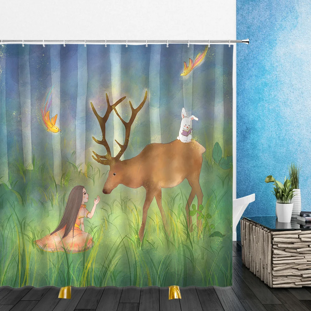 Cartoons Landscape Shower Curtains Forest Animal Elk Deer 3D Print Bathroom Home Decor Waterproof Polyester Cloth Curtain Set 
Cartoons Landscape Shower Curtains Forest Animal Elk Deer 3D Print Bathroom Home Decor Waterproof Polyester Cloth Curtain Set